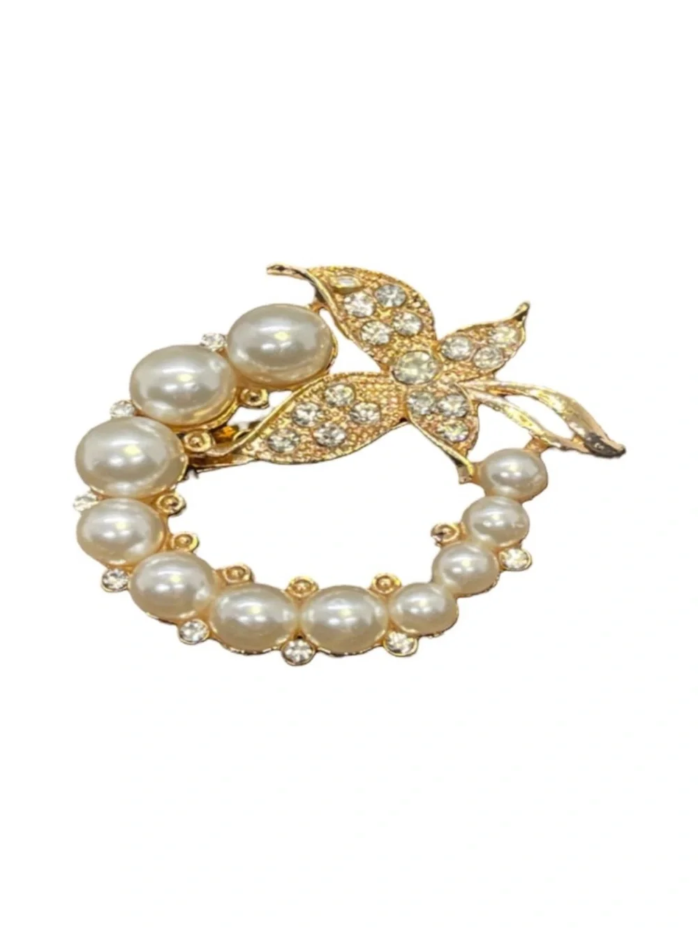 Gold Pearl & Crystal Leaf Circle Brooch - Elegant Women’s FINAL PRICE DROP